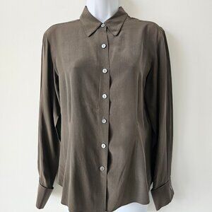 JESELLE Brown Grey Taupe Silk Long Sleeve Shirt Blouse Top 8